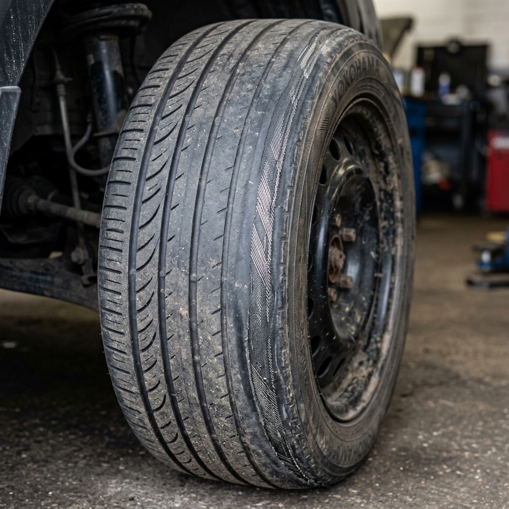 Tire showing uneven tread wear pattern, healthy on the outside and bald on the inside edge